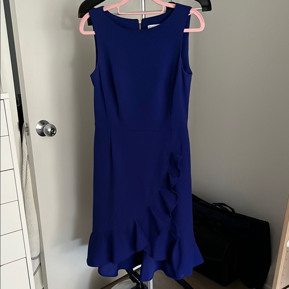 Calvin Klein Blue Asymmetrical Ruffled Sheath Dress